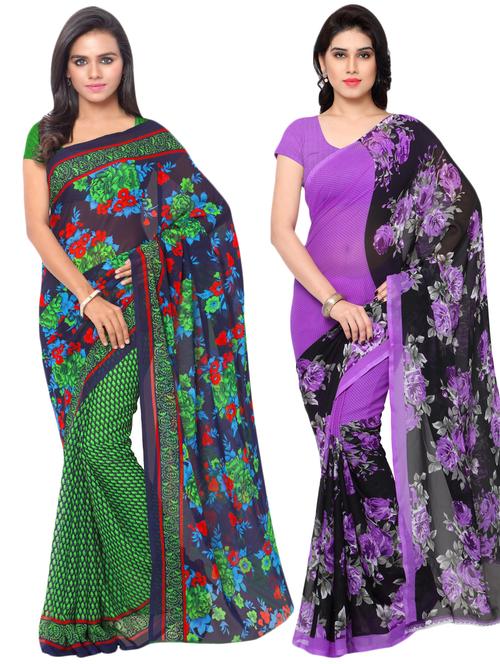 set of 2 multicolor printed saree combo with blouse - 16425606 - Very Small Image - 1