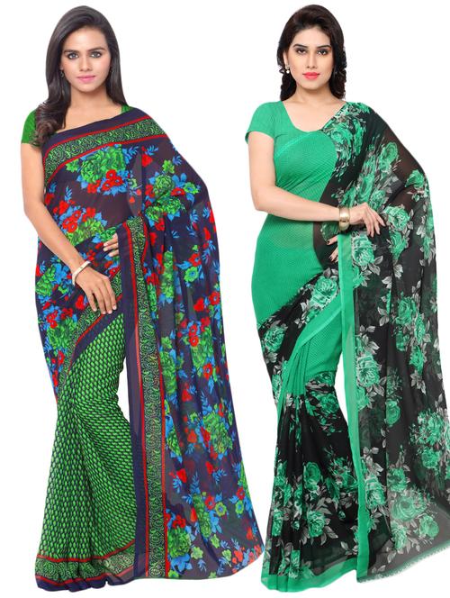 set of 2 multicolor printed saree combo with blouse - 16425607 - Very Small Image - 1