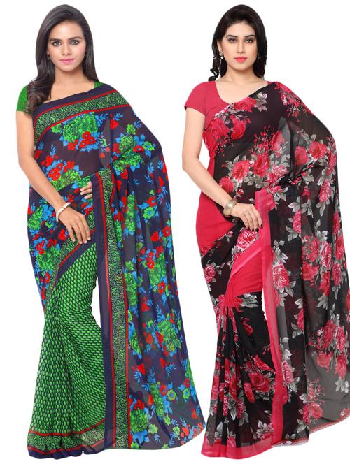 set of 2 multicolor printed saree combo with blouse - 16425609 - Very Small Image - 1