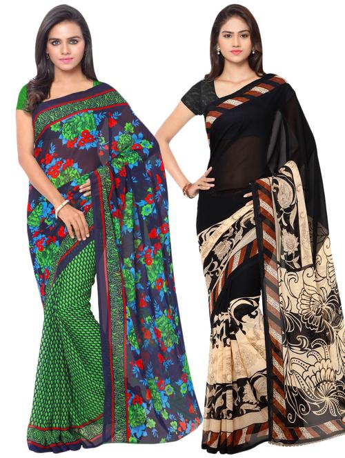 set of 2 multicolor printed saree combo with blouse - 16425611 - Very Small Image - 1