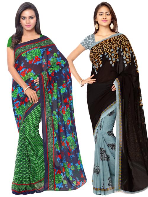 set of 2 multicolor printed saree combo with blouse - 16425615 - Very Small Image - 1