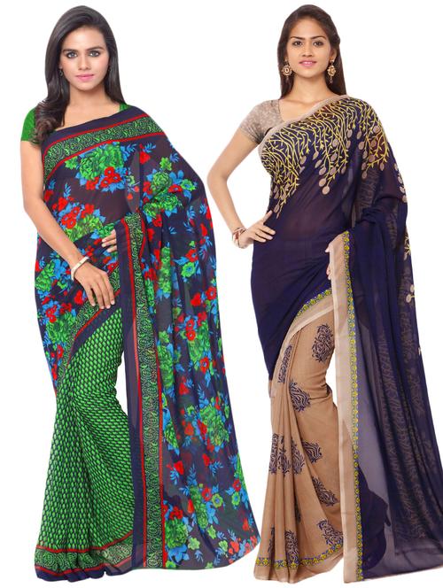 set of 2 multicolor printed saree combo with blouse - 16425616 - Very Small Image - 1