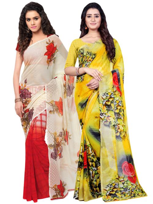 set of 2 multicolor printed saree combo with blouse - 16425859 - Very Small Image - 1