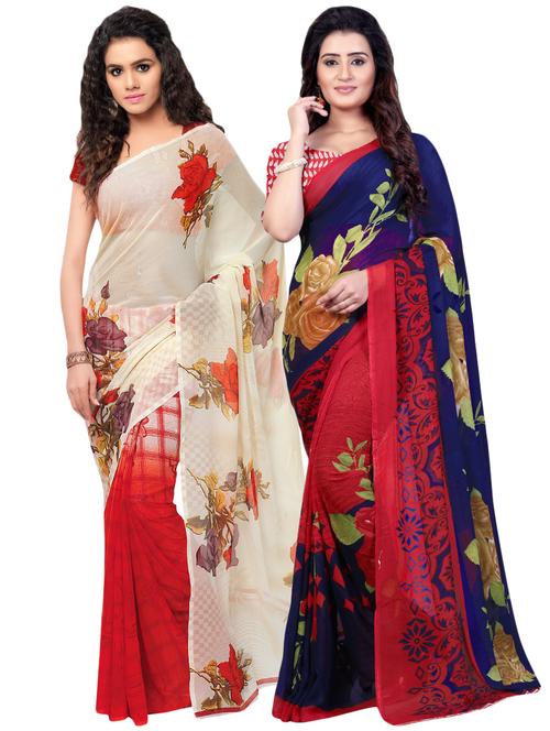 set of 2 multicolor printed saree combo with blouse - 16425861 - Very Small Image - 1