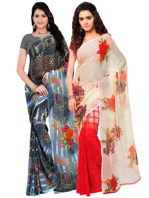 set of 2 multicolor printed saree combo with blouse - 16425864 - Very Small Image - 1