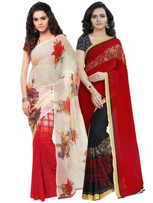 set of 2 multicolor printed saree combo with blouse - 16425868 - Very Small Image - 1