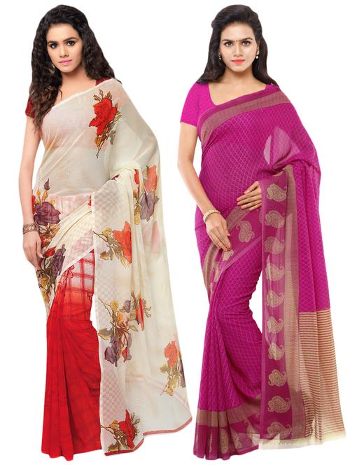 set of 2 multicolor printed saree combo with blouse - 16425871 - Very Small Image - 1