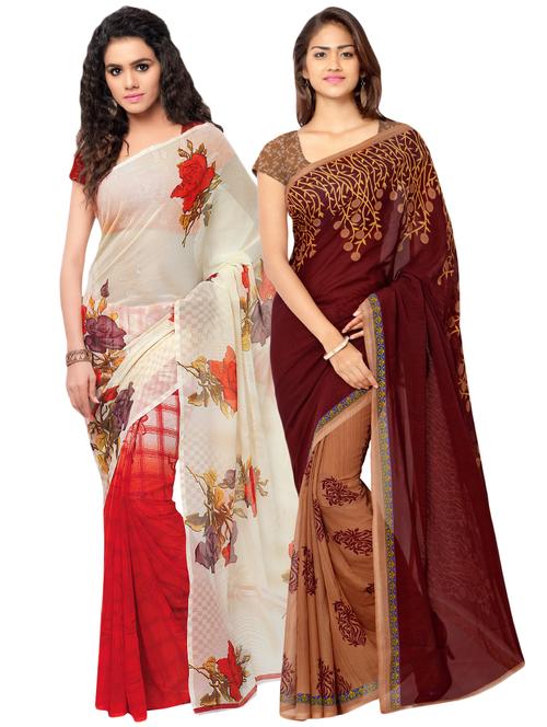set of 2 multicolor printed saree combo with blouse - 16425873 - Very Small Image - 1
