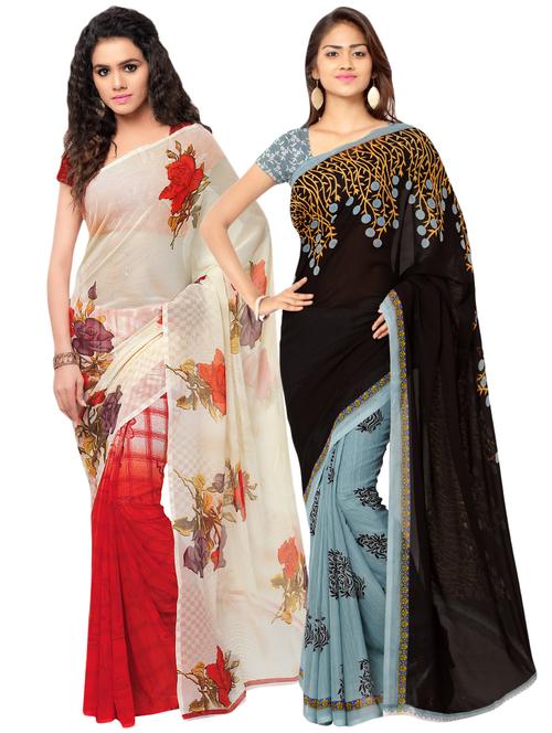 set of 2 multicolor printed saree combo with blouse - 16425875 - Very Small Image - 1
