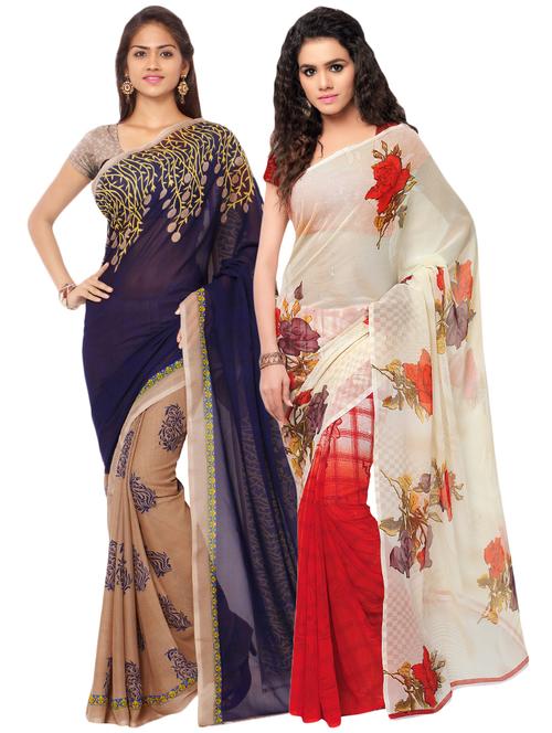 set of 2 multicolor printed saree combo with blouse - 16425876 - Very Small Image - 1