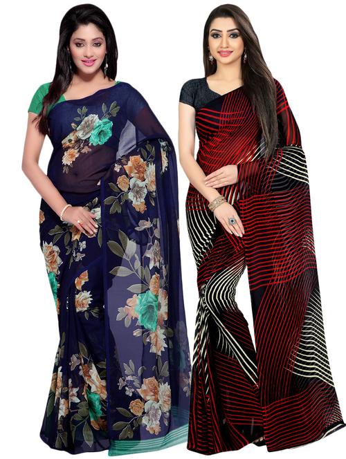 set of 2 multicolor printed saree combo with blouse - 16425990 - Very Small Image - 1
