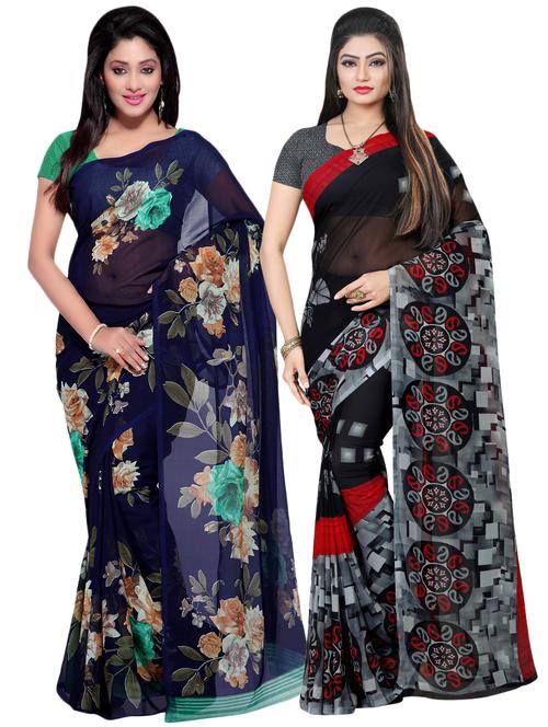 set of 2 multicolor printed saree combo with blouse - 16425992 - Very Small Image - 1