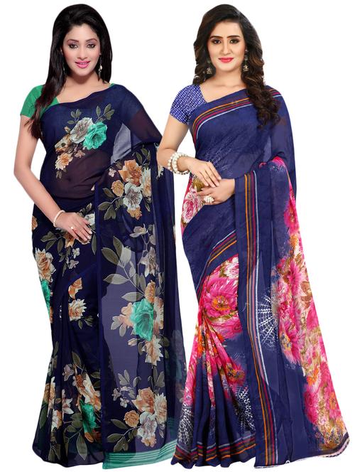 set of 2 multicolor printed saree combo with blouse - 16425999 - Very Small Image - 1