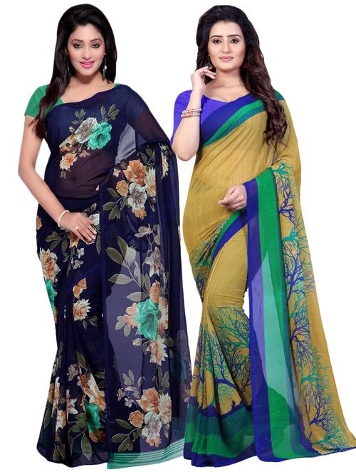 set of 2 multicolor printed saree combo with blouse - 16426003 - Very Small Image - 1