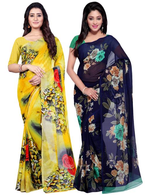 set of 2 multicolor printed saree combo with blouse - 16426004 - Very Small Image - 1