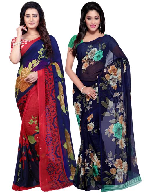 set of 2 multicolor printed saree combo with blouse - 16426006 - Very Small Image - 1