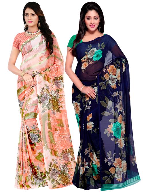 set of 2 multicolor printed saree combo with blouse - 16426008 - Very Small Image - 1