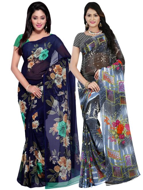 set of 2 multicolor printed saree combo with blouse - 16426009 - Very Small Image - 1