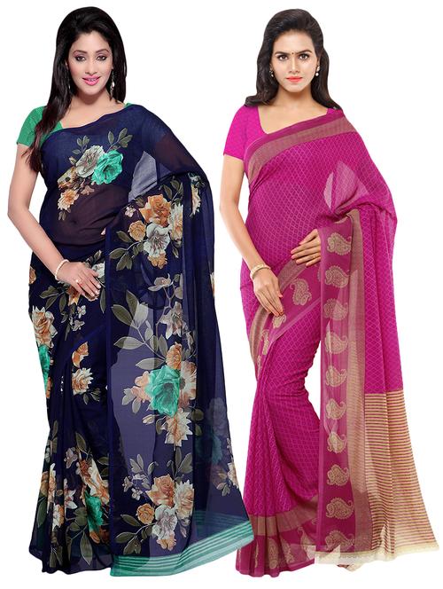 set of 2 multicolor printed saree combo with blouse - 16426012 - Very Small Image - 1