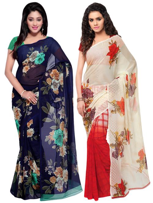 set of 2 multicolor printed saree combo with blouse - 16426013 - Very Small Image - 1