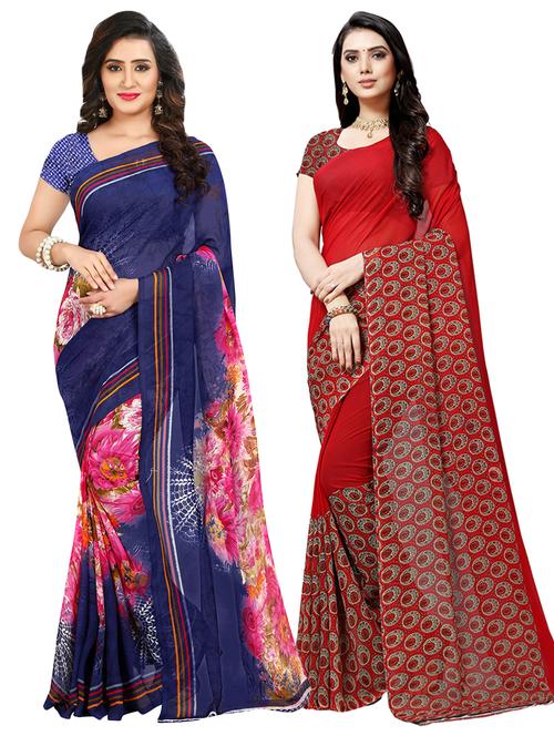 set of 2 multicolor printed saree combo with blouse - 16426036 - Very Small Image - 1