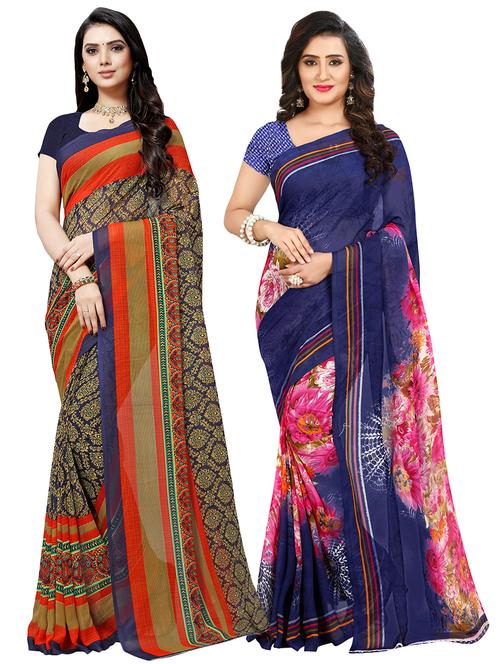 set of 2 multicolor printed saree combo with blouse - 16426037 - Very Small Image - 1