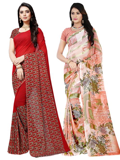 set of 2 multicolor printed saree combo with blouse - 16426053 - Very Small Image - 1
