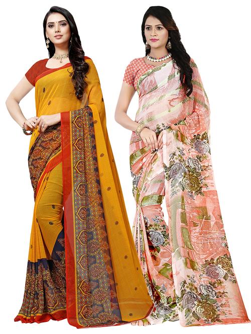 set of 2 multicolor printed saree combo with blouse - 16426056 - Very Small Image - 1