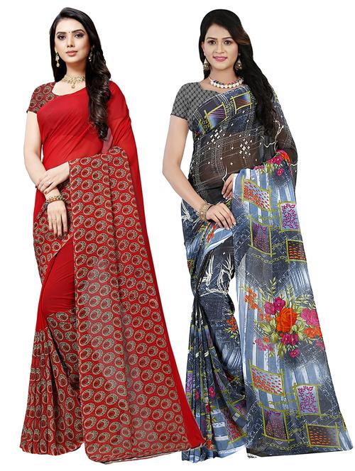 set of 2 multicolor printed saree combo with blouse - 16426070 - Very Small Image - 1