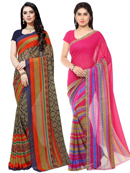 set of 2 multicolor printed saree combo with blouse - 16426105 - Very Small Image - 1