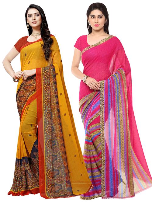 set of 2 multicolor printed saree combo with blouse - 16426107 - Very Small Image - 1