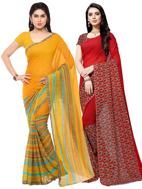 set of 2 multicolor printed saree combo with blouse - 16426121 - Very Small Image - 1