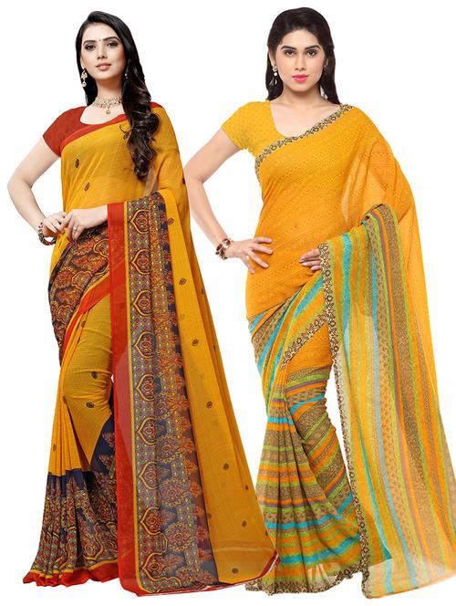 set of 2 multicolor printed saree combo with blouse - 16426124 - Very Small Image - 1