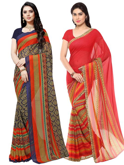 set of 2 multicolor printed saree combo with blouse - 16426139 - Very Small Image - 1