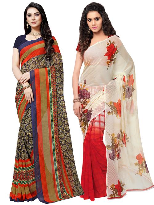 set of 2 multicolor printed saree combo with blouse - 16426156 - Very Small Image - 1