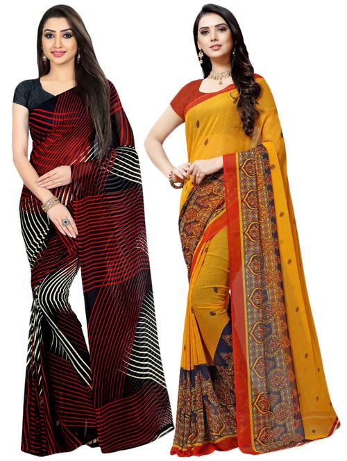 set of 2 multicolor printed saree combo with blouse - 16426340 - Very Small Image - 1