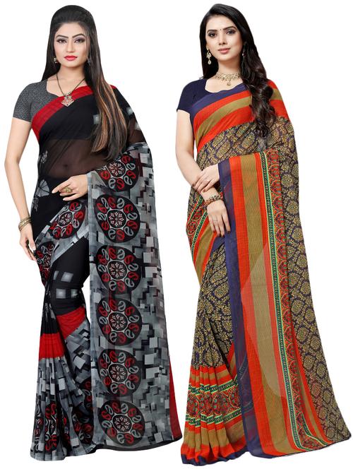 set of 2 multicolor printed saree combo with blouse - 16426378 - Very Small Image - 1