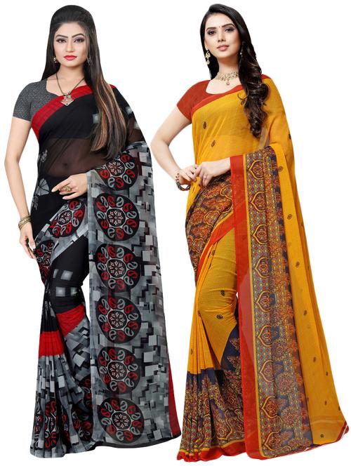 set of 2 multicolor printed saree combo with blouse - 16426380 - Very Small Image - 1