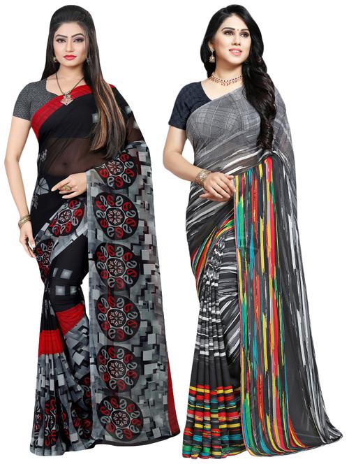 set of 2 multicolor printed saree combo with blouse - 16426383 - Very Small Image - 1