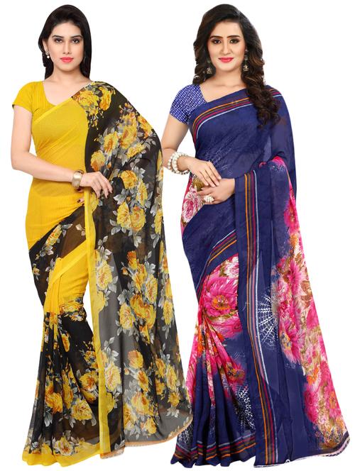 set of 2 multicolor printed saree combo with blouse - 16426412 - Very Small Image - 1