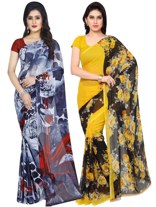 set of 2 multicolor printed saree combo with blouse - 16426413 - Very Small Image - 1