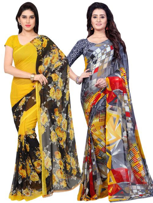 set of 2 multicolor printed saree combo with blouse - 16426415 - Very Small Image - 1