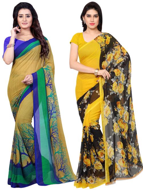 set of 2 multicolor printed saree combo with blouse - 16426416 - Very Small Image - 1