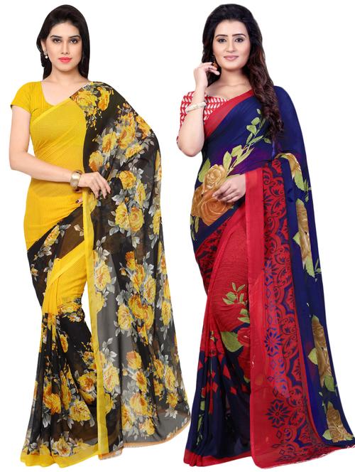 set of 2 multicolor printed saree combo with blouse - 16426419 - Very Small Image - 1