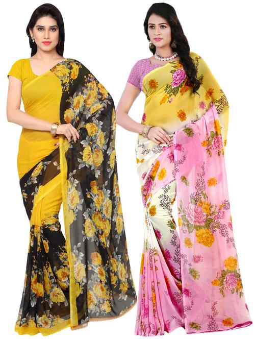 set of 2 multicolor printed saree combo with blouse - 16426420 - Very Small Image - 1