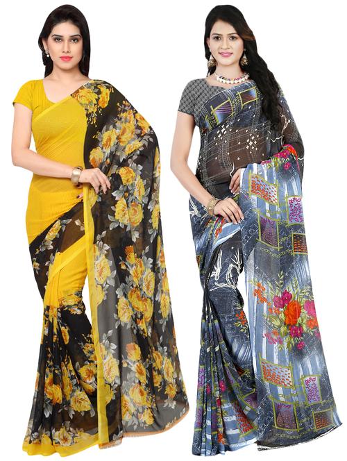 set of 2 multicolor printed saree combo with blouse - 16426422 - Very Small Image - 1