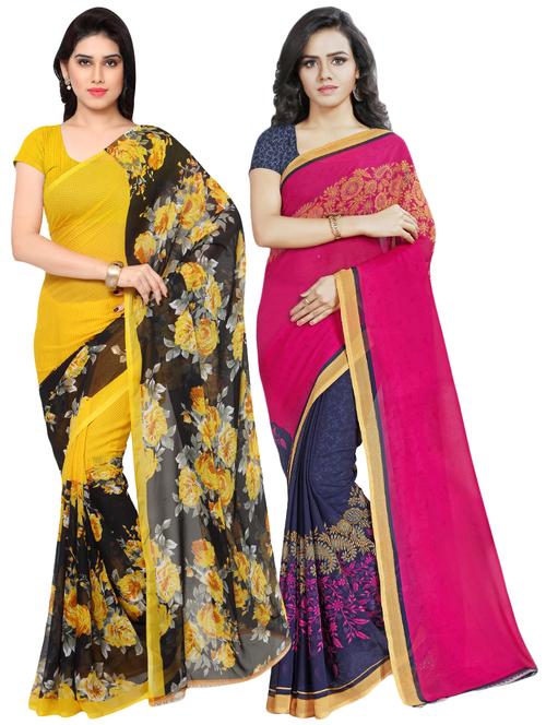 set of 2 multicolor printed saree combo with blouse - 16426436 - Very Small Image - 1