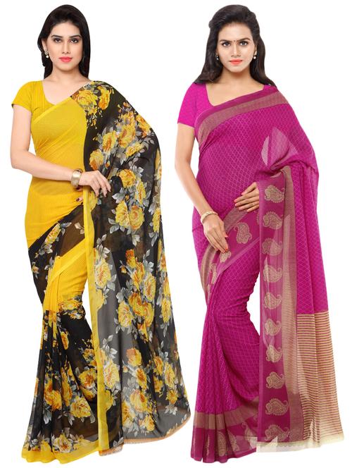 set of 2 multicolor printed saree combo with blouse - 16426438 - Very Small Image - 1