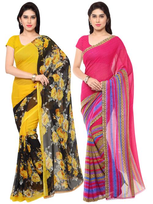 set of 2 multicolor printed saree combo with blouse - 16426442 - Very Small Image - 1