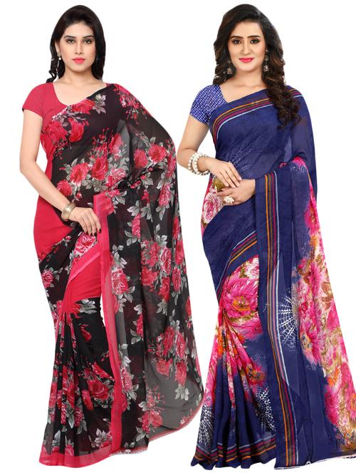 set of 2 multicolor printed saree combo with blouse - 16426467 - Very Small Image - 1